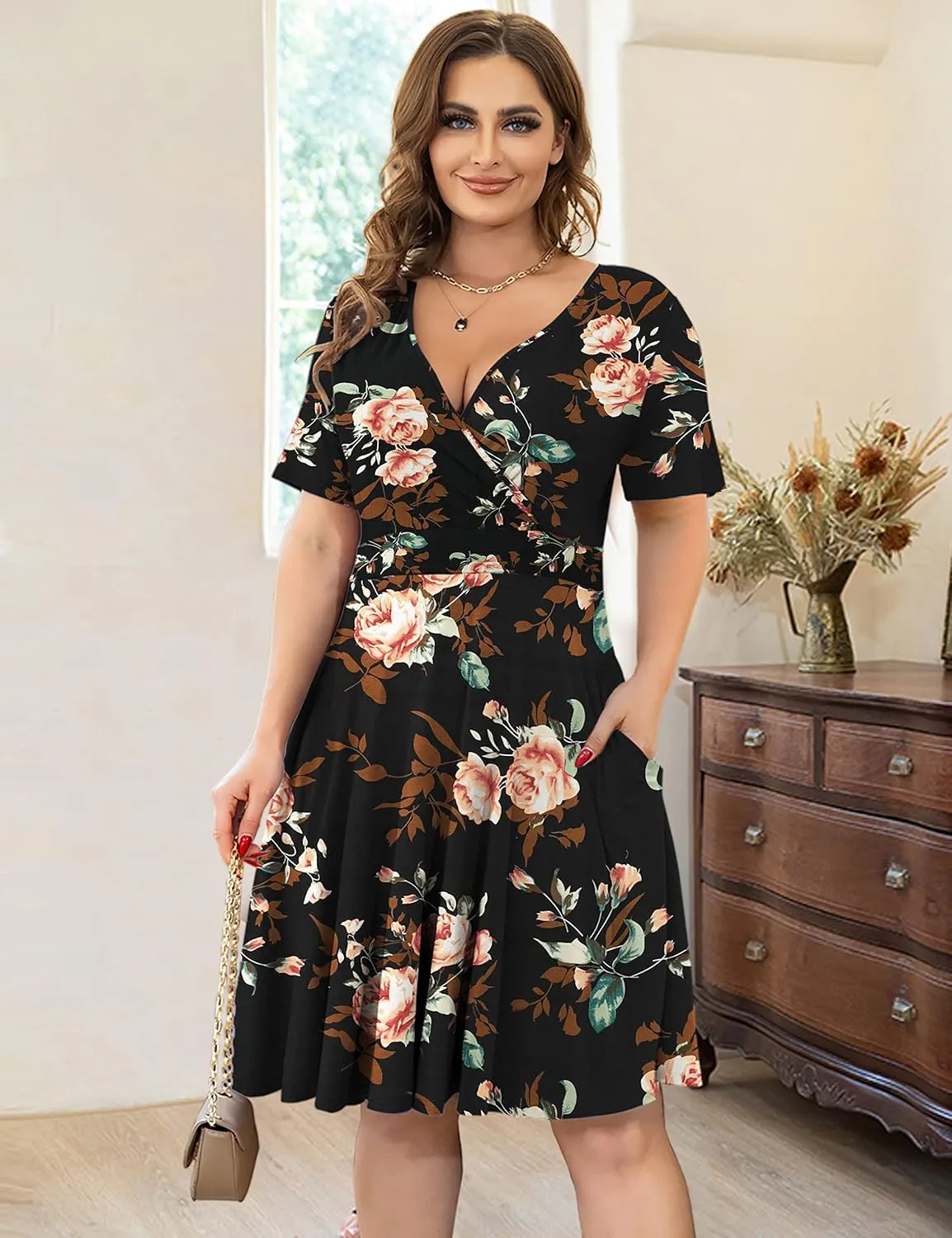 Ahlaray Womens Plus Size Dresses Short Sleeve Faux Wrap Causal Swing Dress with Pockets, L-4XL