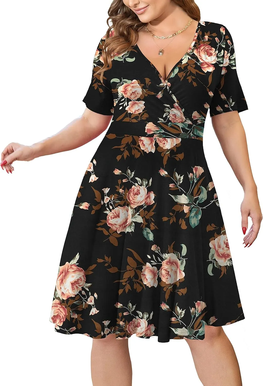 Ahlaray Womens Plus Size Dresses Short Sleeve Faux Wrap Causal Swing Dress with Pockets, L-4XL