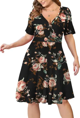 Ahlaray Womens Plus Size Dresses Short Sleeve Faux Wrap Causal Swing Dress with Pockets, L-4XL