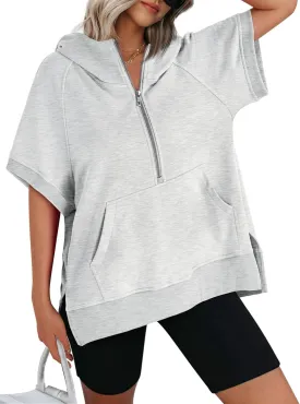 AUTOMET Oversized Hoodies for Women Short Sleeve Half zip Sweatshirt Fleece Loose Fit Pullover 2025 Fall Fashion Outfits