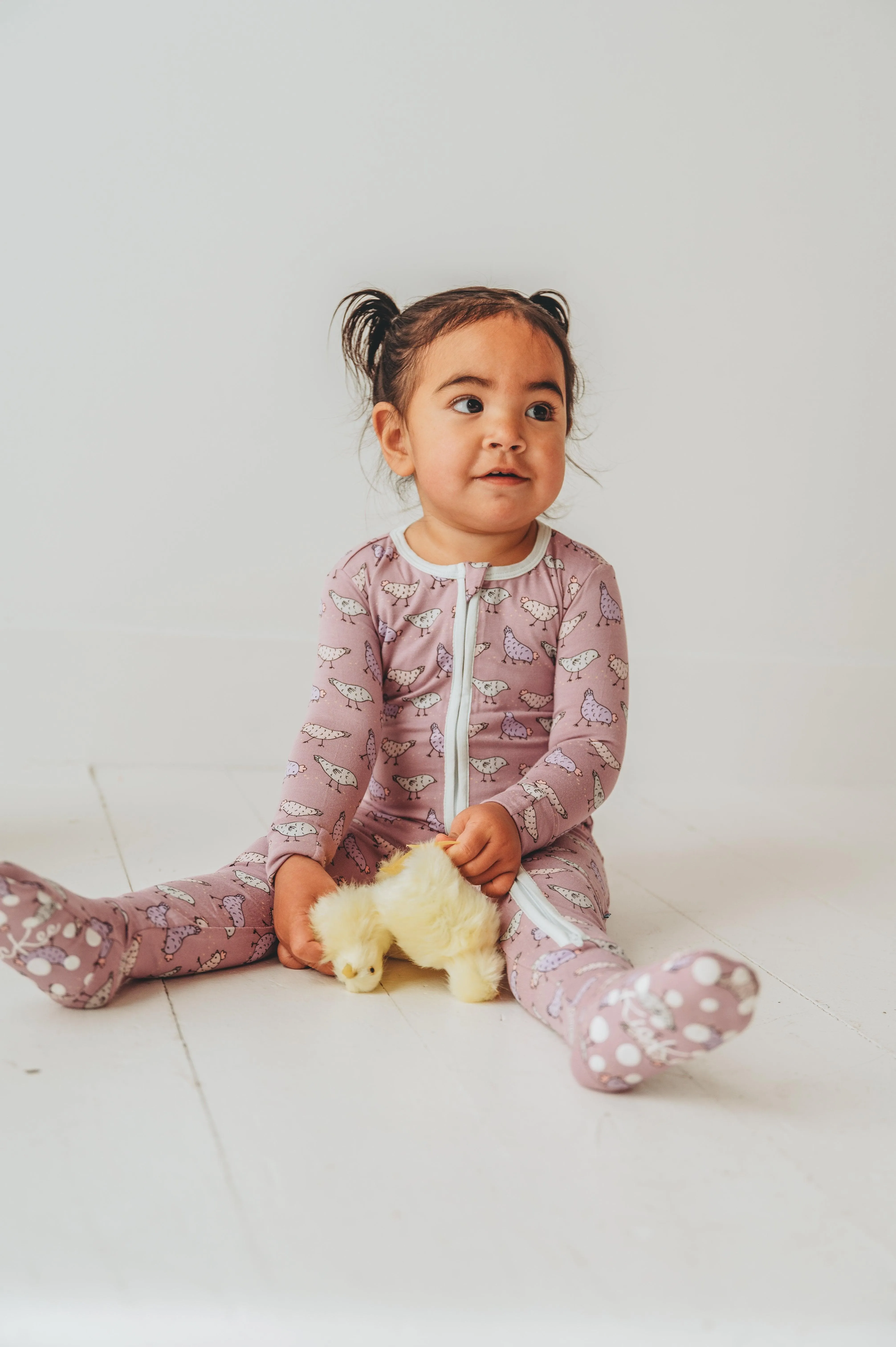 Bamboo Footie with 2-Way Zipper - Lavender Chickens