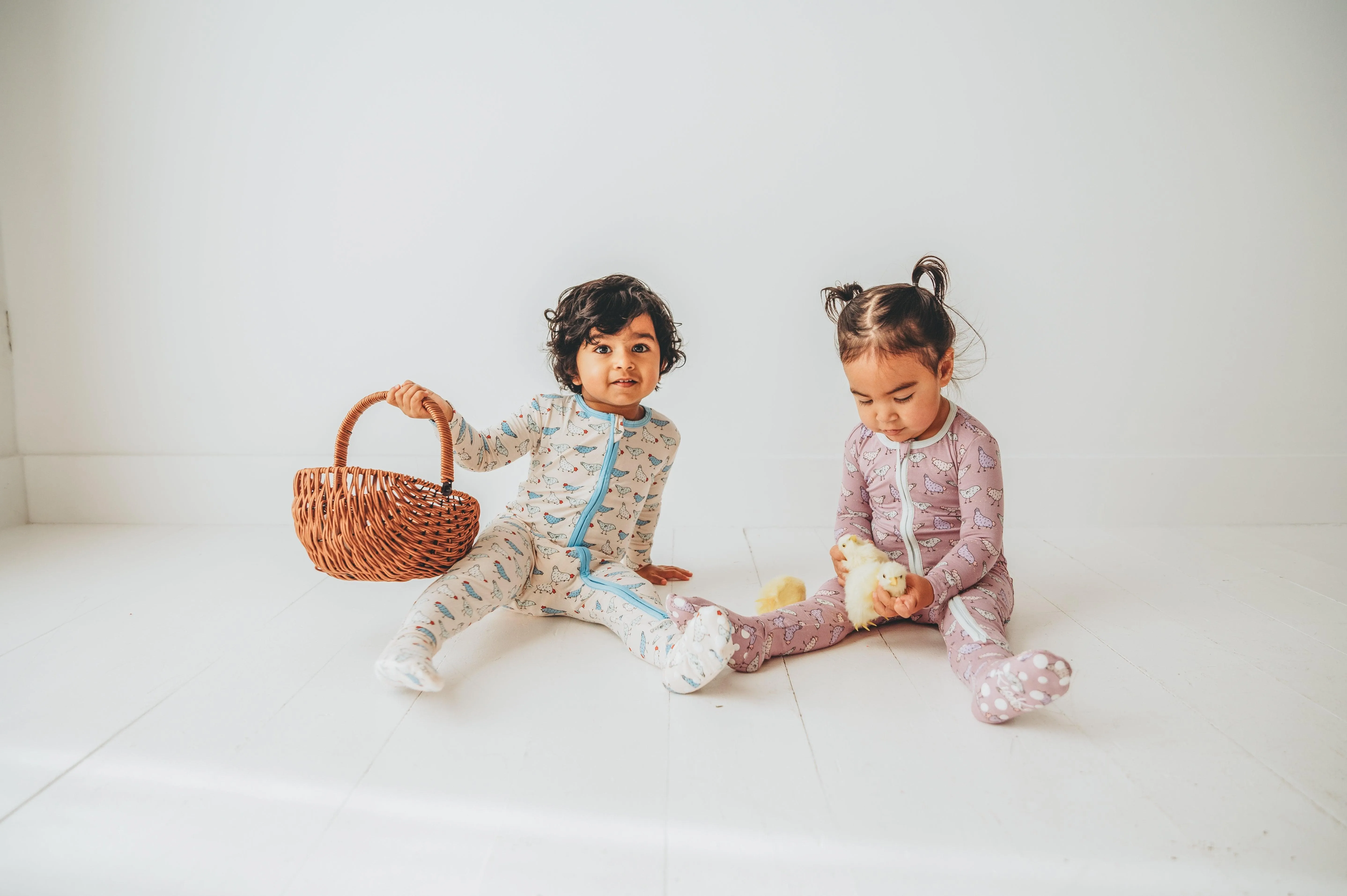 Bamboo Footie with 2-Way Zipper - Lavender Chickens