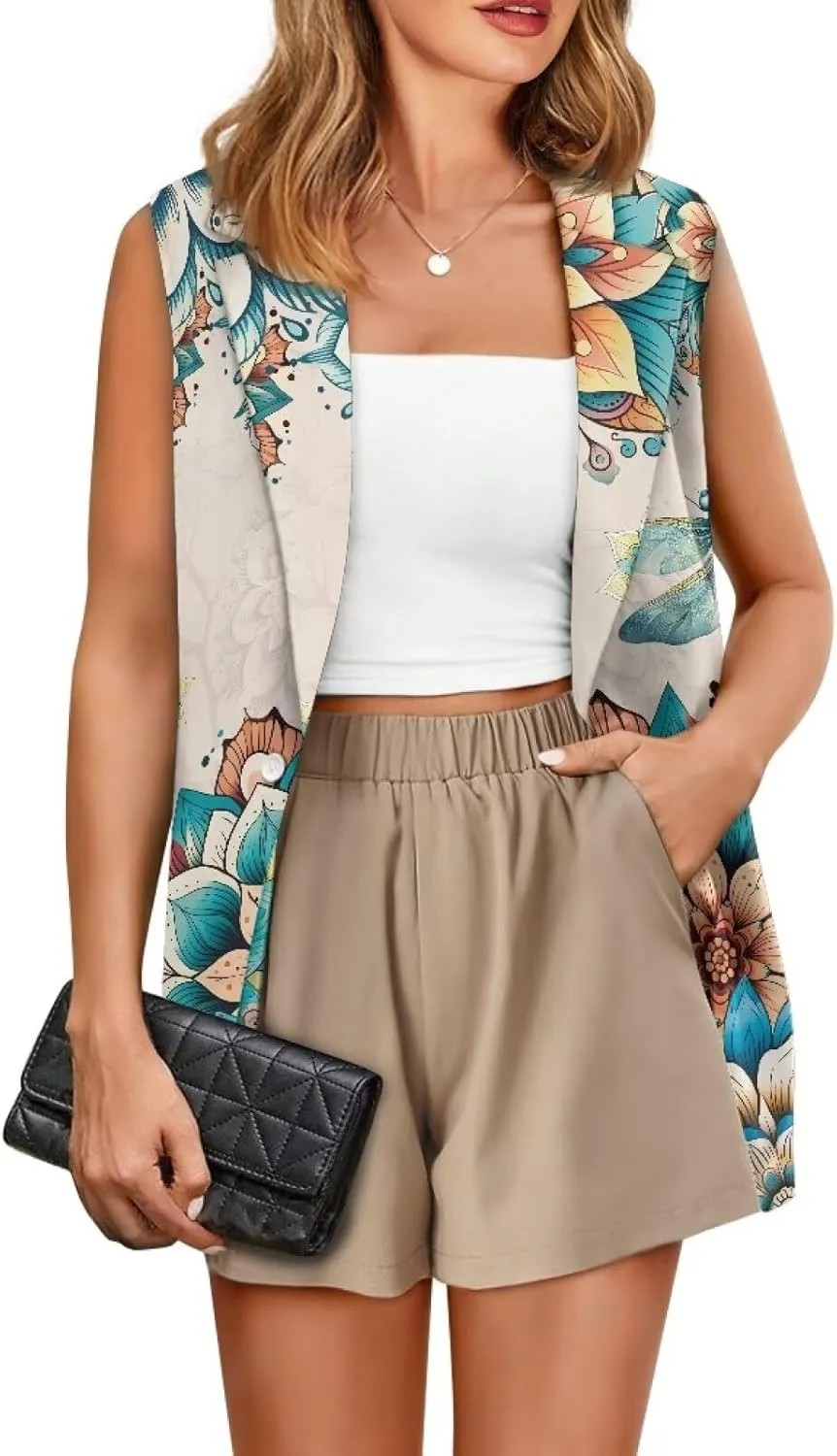 Biyejit Women Sleeveless Blazer Vest Spring Casual Open Front Lapel V Neck Office Waistcoat Long Vests Button Suit Vest