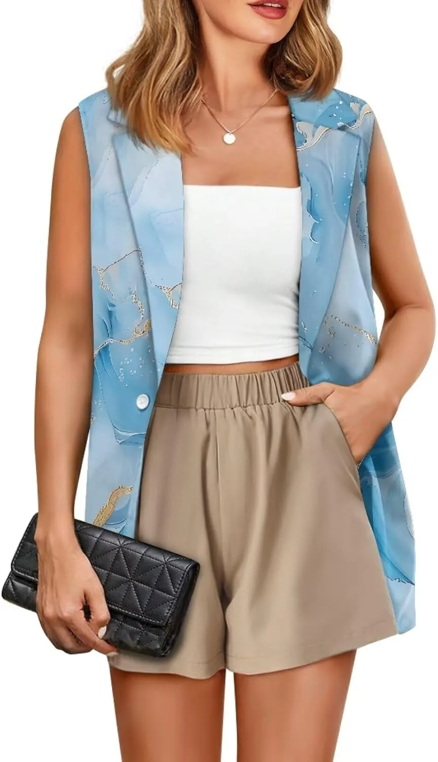Biyejit Women Sleeveless Blazer Vest Spring Casual Open Front Lapel V Neck Office Waistcoat Long Vests Button Suit Vest