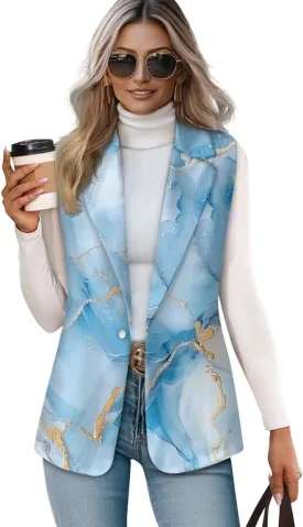 Biyejit Women Sleeveless Blazer Vest Spring Casual Open Front Lapel V Neck Office Waistcoat Long Vests Button Suit Vest