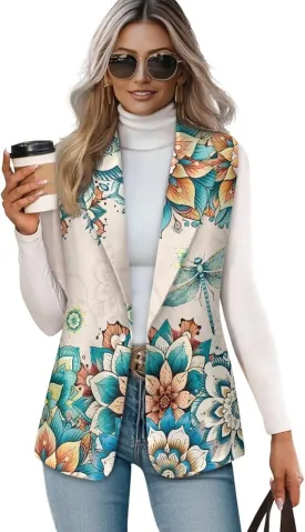 Biyejit Women Sleeveless Blazer Vest Spring Casual Open Front Lapel V Neck Office Waistcoat Long Vests Button Suit Vest