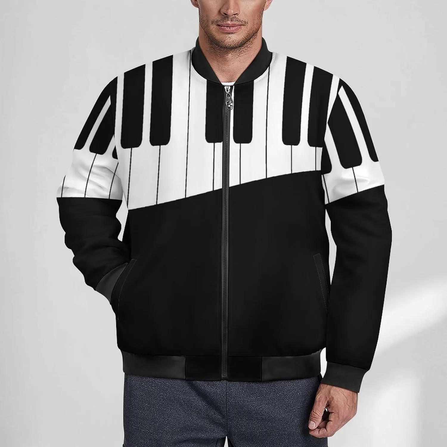 Black and White Piano Keys Men's Bomber Jacket Lightweight Windbreaker Fashion Spring Fall Coats Casual Jackets for Men