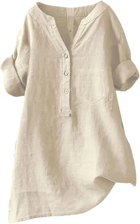 Boho Linen Shirts for Women 2025 Gauze Short Sleeve V Neck Button Loose Fit Blouses Vacation Dress Casual Tunic Tops