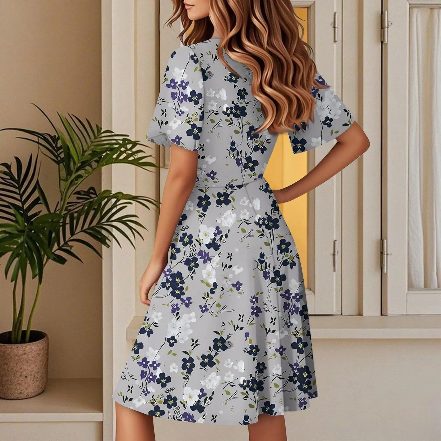 Boho Summer Dress for Women 2025 V Neck Casual Floral Wrap Dresses Short Sleeve A-Line Midi Vacation Beach Sundress