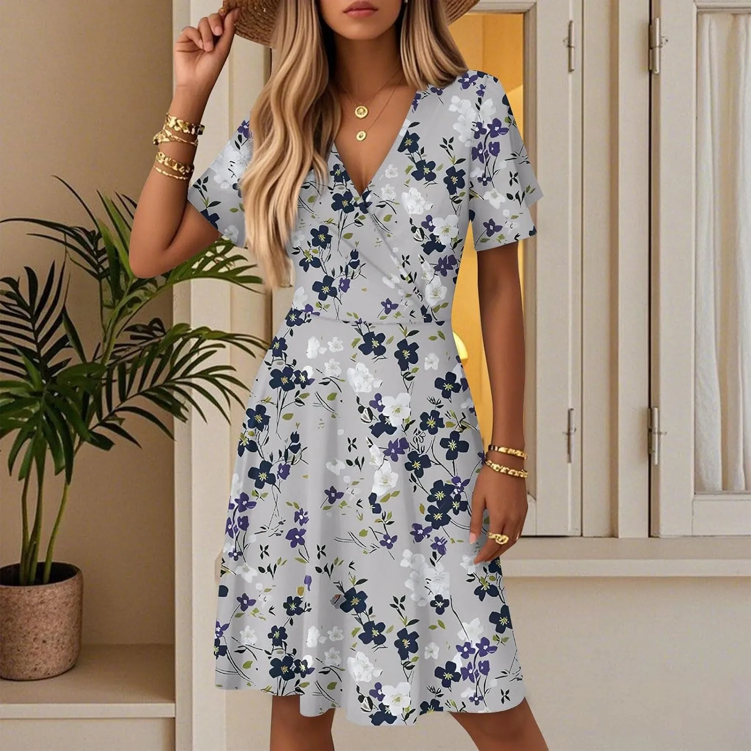Boho Summer Dress for Women 2025 V Neck Casual Floral Wrap Dresses Short Sleeve A-Line Midi Vacation Beach Sundress