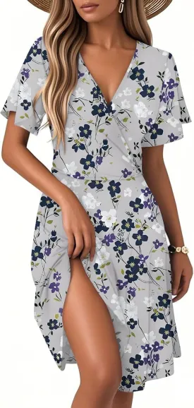 Boho Summer Dress for Women 2025 V Neck Casual Floral Wrap Dresses Short Sleeve A-Line Midi Vacation Beach Sundress