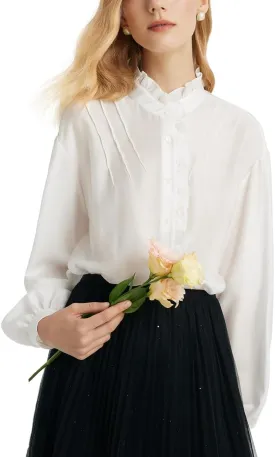 Bow Tie Ruffle Collar Long Sleeve Shirts for Women White Button Up Blouses for Women