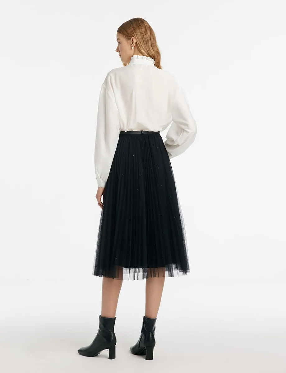 Bow Tie Ruffle Collar Long Sleeve Shirts for Women White Button Up Blouses for Women