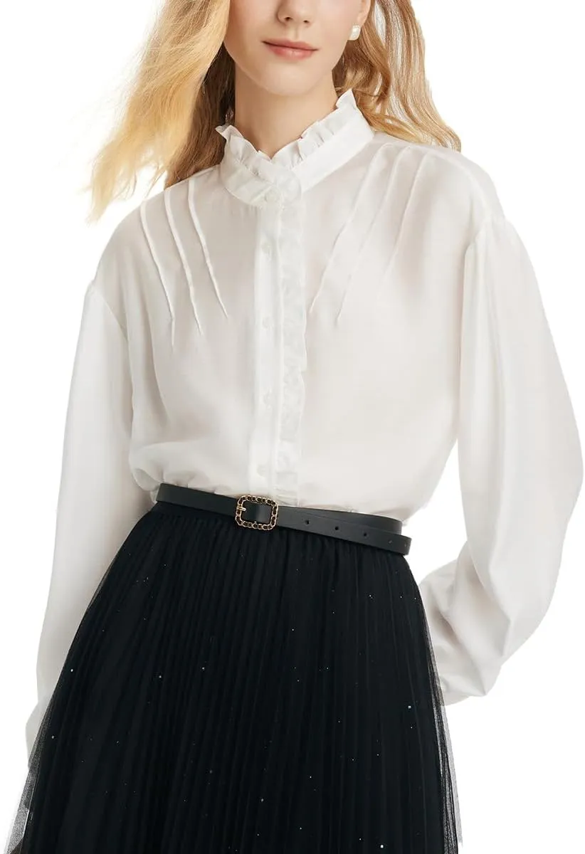 Bow Tie Ruffle Collar Long Sleeve Shirts for Women White Button Up Blouses for Women