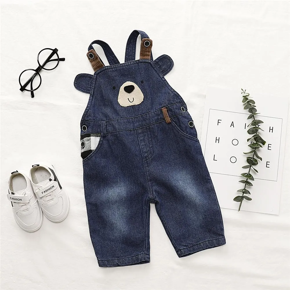 Boys Cartoon Bear Pocket Denim Jumpsuit Baby Boy Overalls Boutique Baby Clothes Wholesale