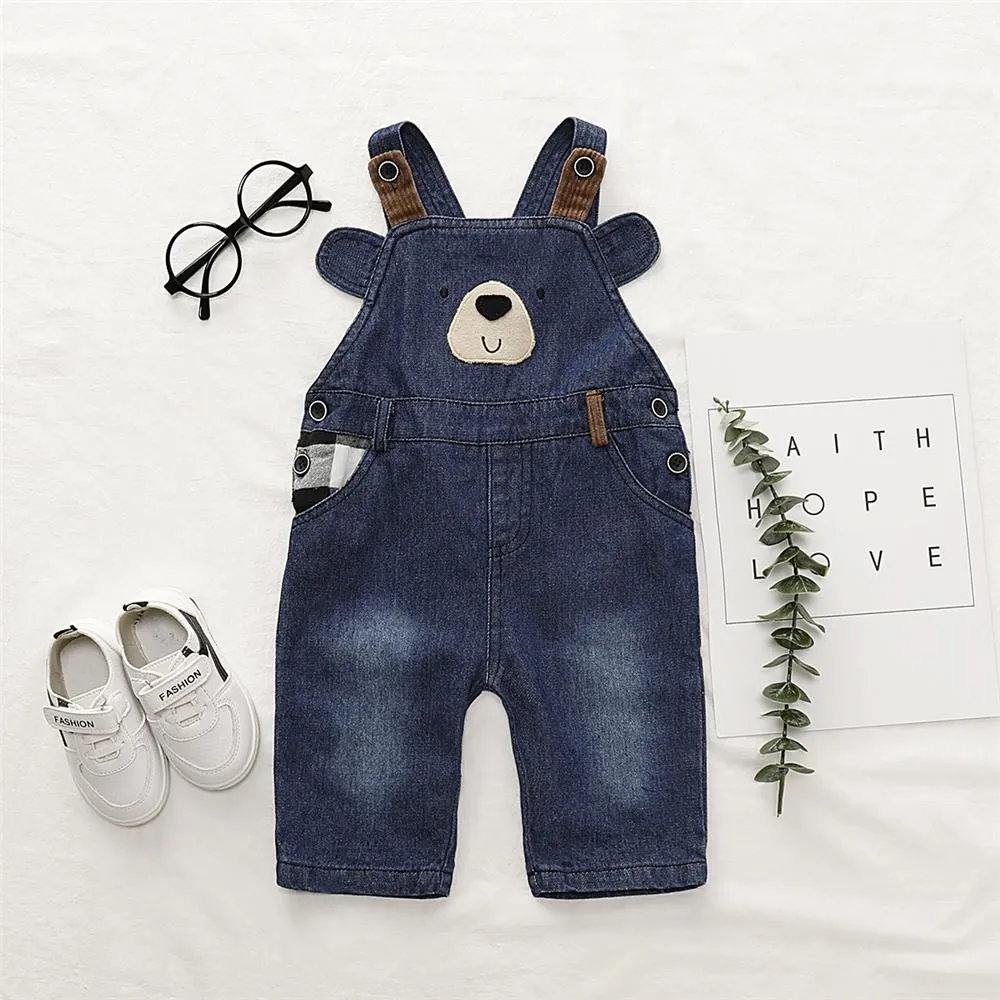 Boys Cartoon Bear Pocket Denim Jumpsuit Baby Boy Overalls Boutique Baby Clothes Wholesale