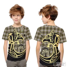 Buchanan Dress Tartan Kid T-Shirt with Family Crest Celtic Wolf Style