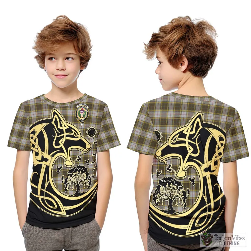 Buchanan Dress Tartan Kid T-Shirt with Family Crest Celtic Wolf Style