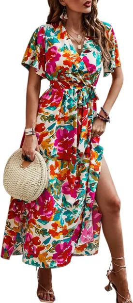 CCTOO Women's Summer Maxi Dress Casual Boho Floral Wrap V Neck Short Sleeve Ruffle Split Flowy Long Beach Dresses with Belt