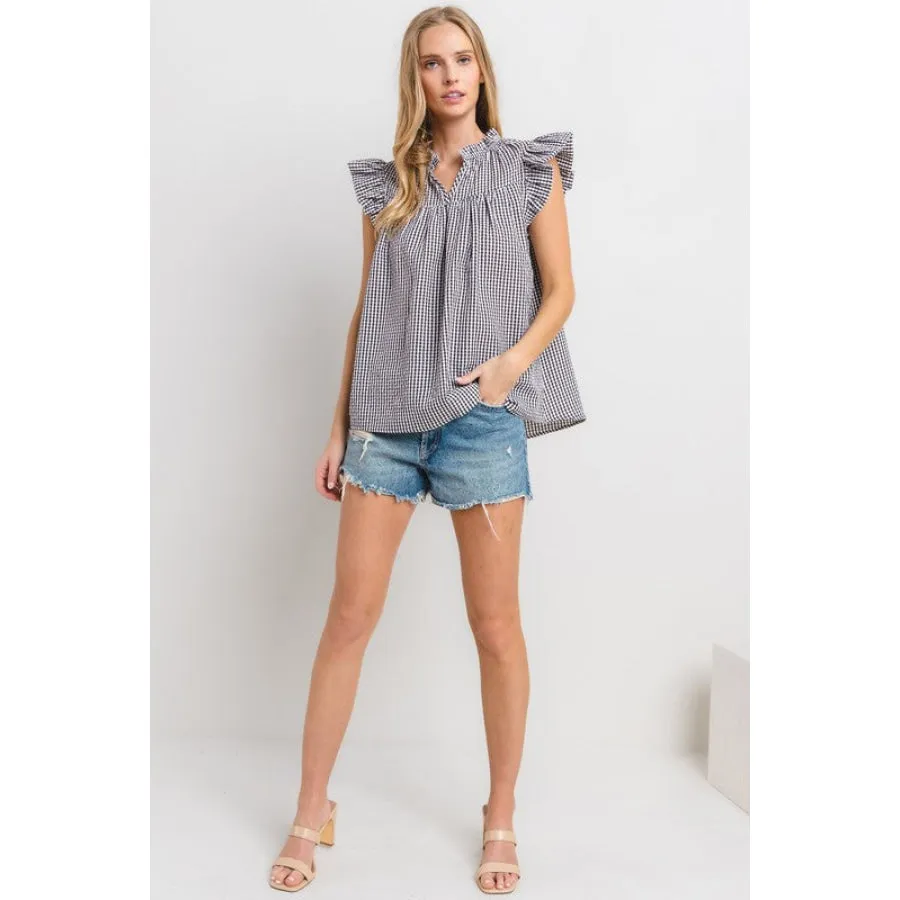 Ces Femme Plaid Notched Ruffled Cap Sleeve Blouse
