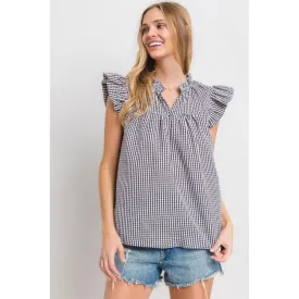 Ces Femme Plaid Notched Ruffled Cap Sleeve Blouse