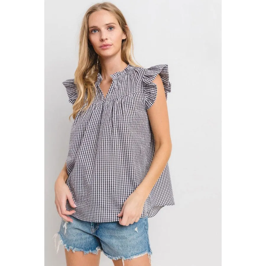 Ces Femme Plaid Notched Ruffled Cap Sleeve Blouse