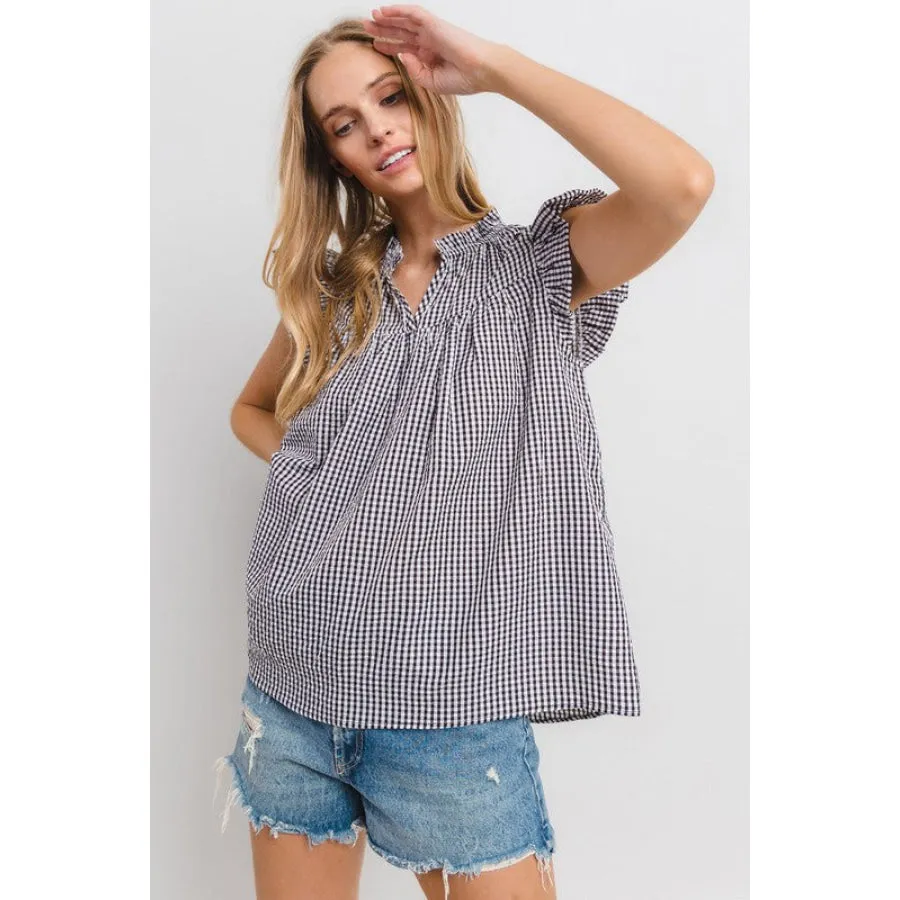 Ces Femme Plaid Notched Ruffled Cap Sleeve Blouse