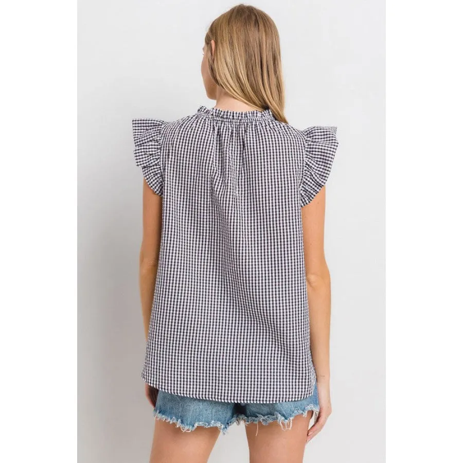 Ces Femme Plaid Notched Ruffled Cap Sleeve Blouse