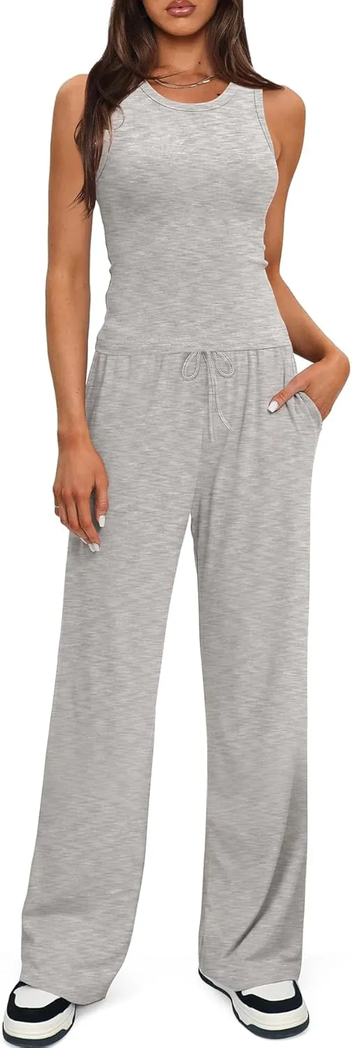Darong Women's 2 Piece Outfits Lounge Sets Sleeveless Tank Tops Wide Leg Pants Sets Tracksuits Match Sets
