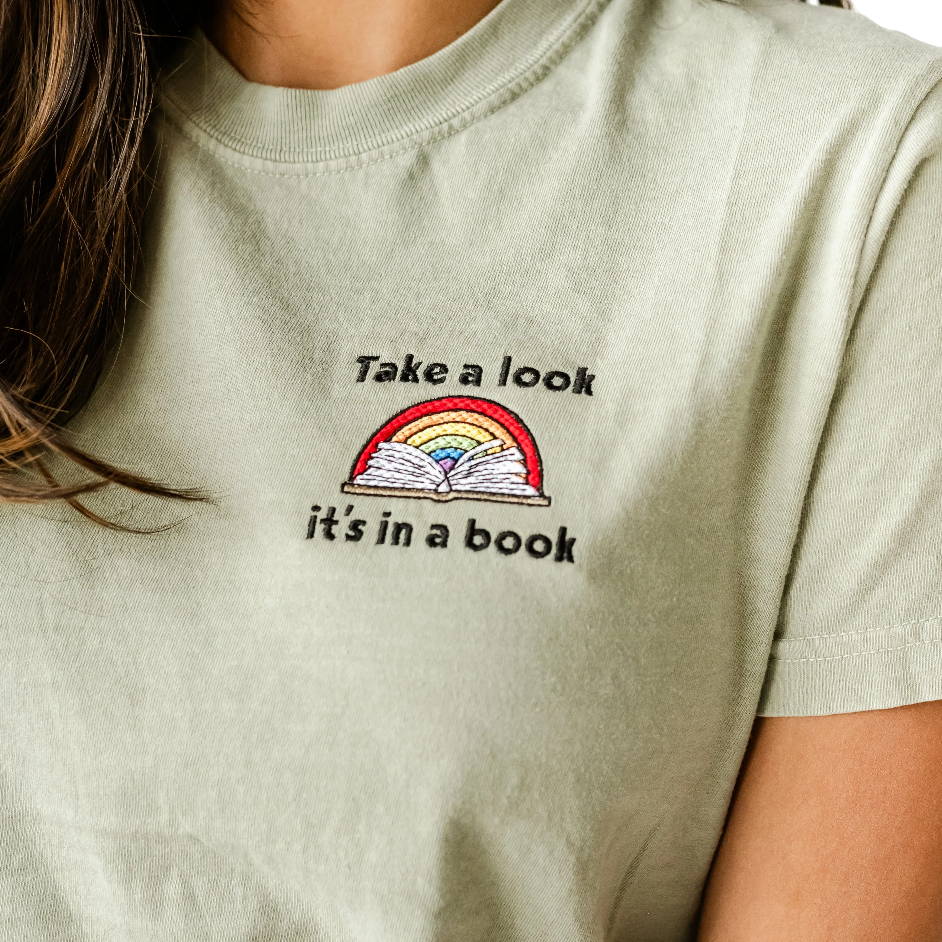 EMBROIDERED - TAKE A LOOK, IT'S IN A BOOK - READING RAINBOW -  SHORT SLEEVE COMFORT COLORS TEE