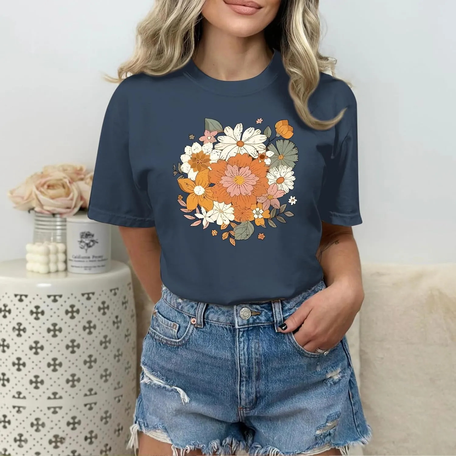 Fkatuzi Boho Floral T Shirt for Women Wildflower Plant Shirts Nature Vintage Flower Graphic Tees Botanical Cotton Tshirt
