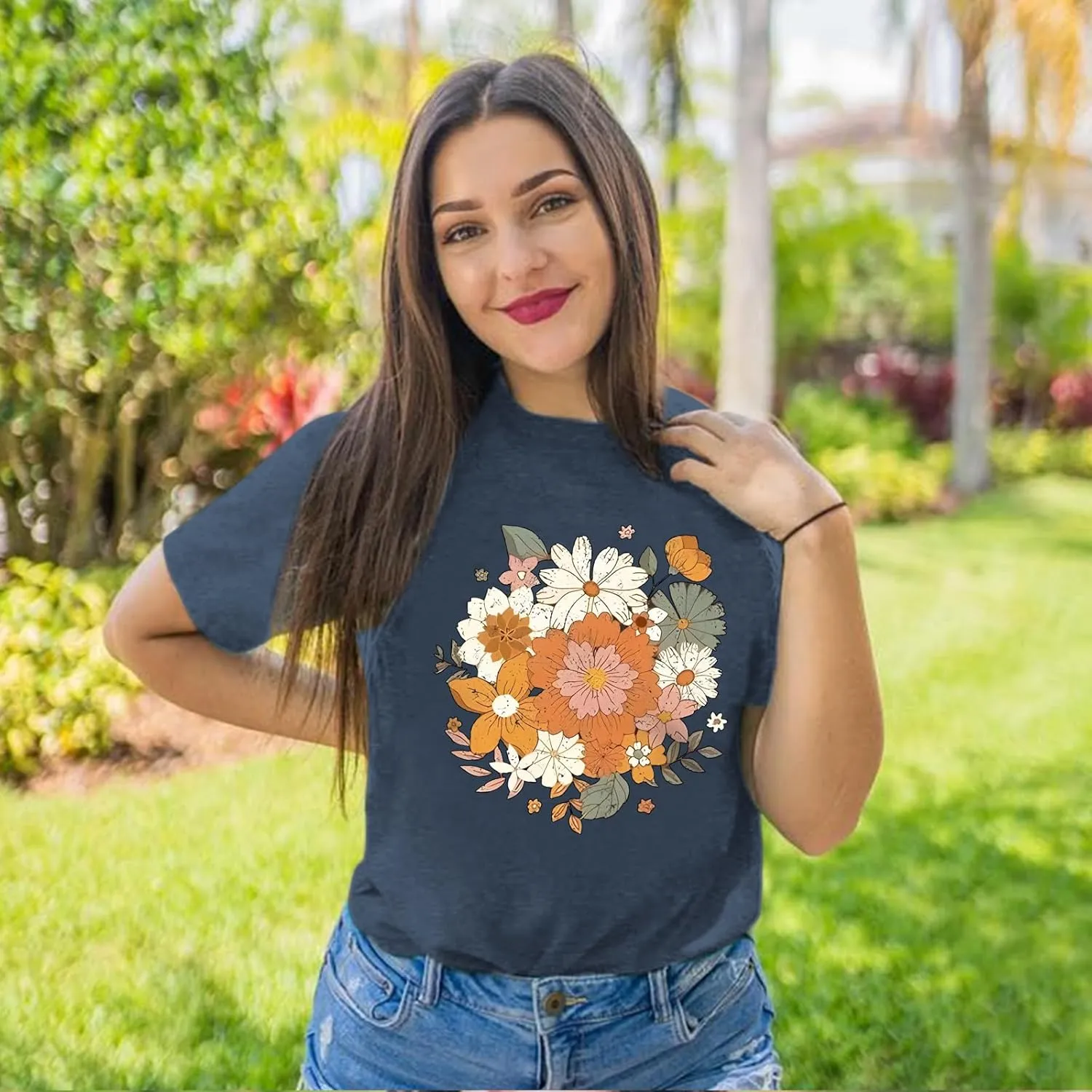 Fkatuzi Boho Floral T Shirt for Women Wildflower Plant Shirts Nature Vintage Flower Graphic Tees Botanical Cotton Tshirt