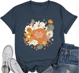 Fkatuzi Boho Floral T Shirt for Women Wildflower Plant Shirts Nature Vintage Flower Graphic Tees Botanical Cotton Tshirt