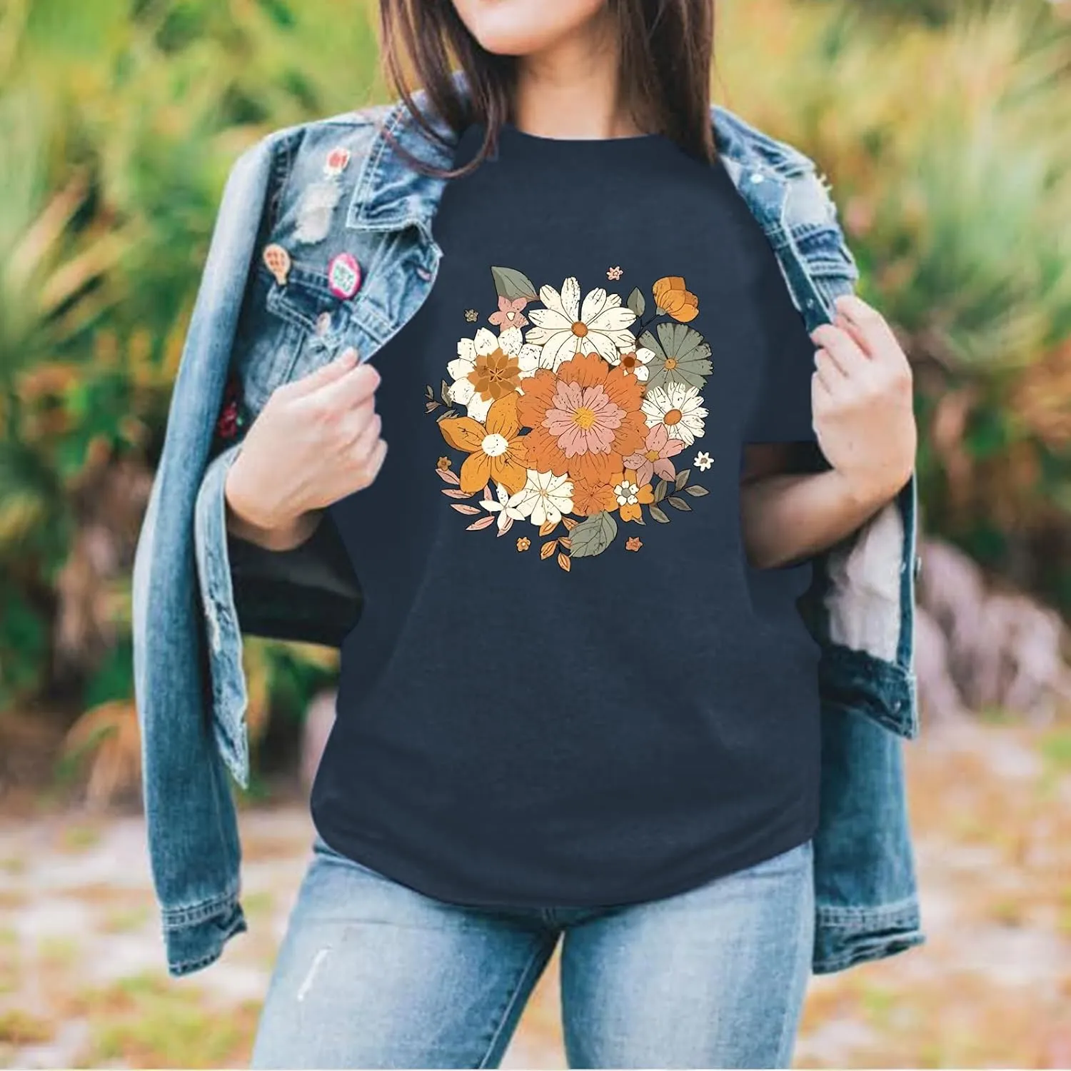 Fkatuzi Boho Floral T Shirt for Women Wildflower Plant Shirts Nature Vintage Flower Graphic Tees Botanical Cotton Tshirt