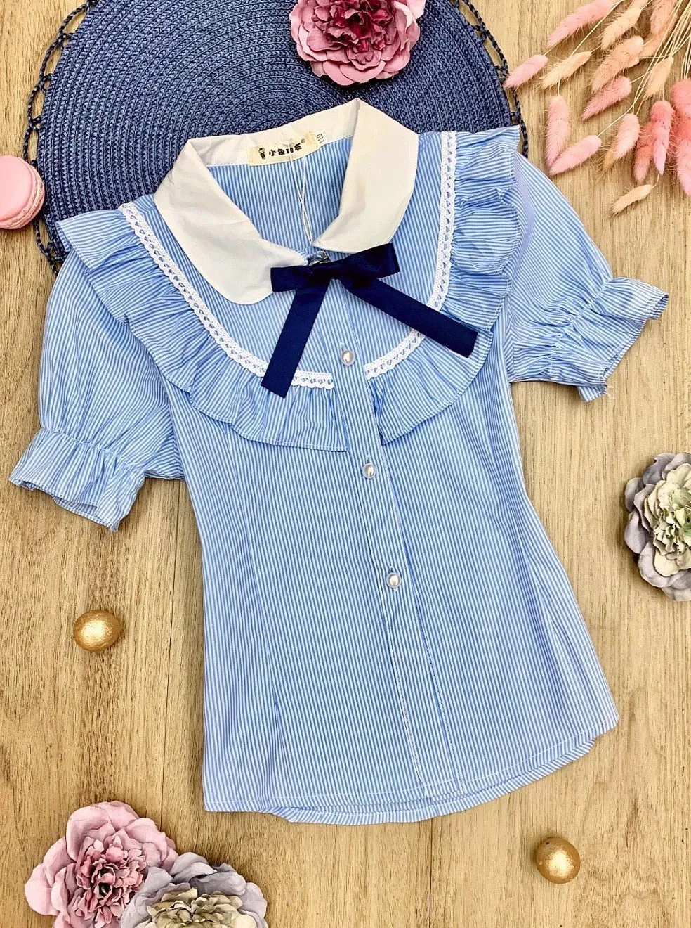 Girls Preppy Pinstripe Ruffled Preppy Blouse with Removable Bow