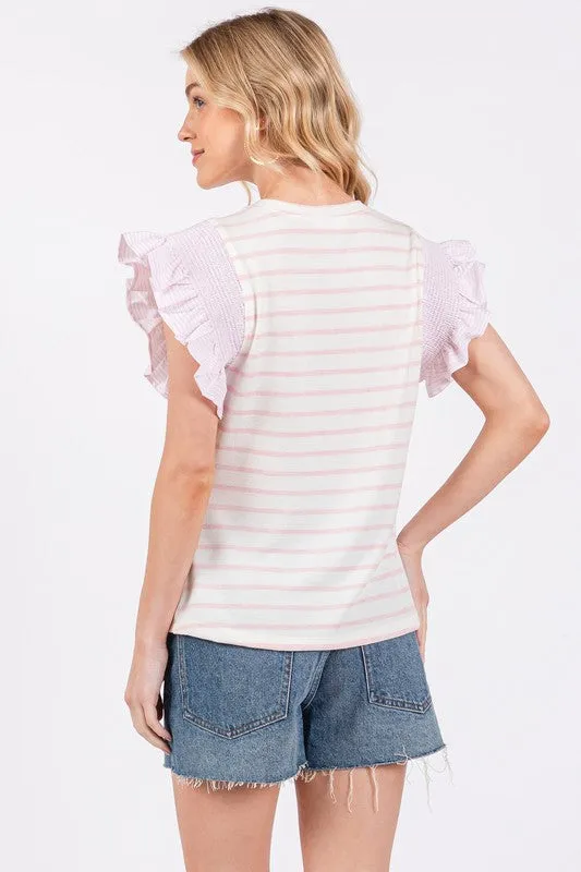 Hazel Blues® |  Ces Femme Contrast Striped Ruffled Cap Sleeve Blouse