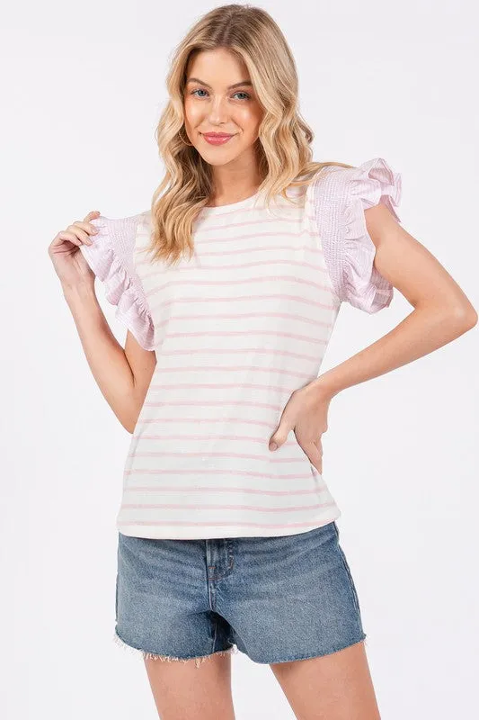 Hazel Blues® |  Ces Femme Contrast Striped Ruffled Cap Sleeve Blouse