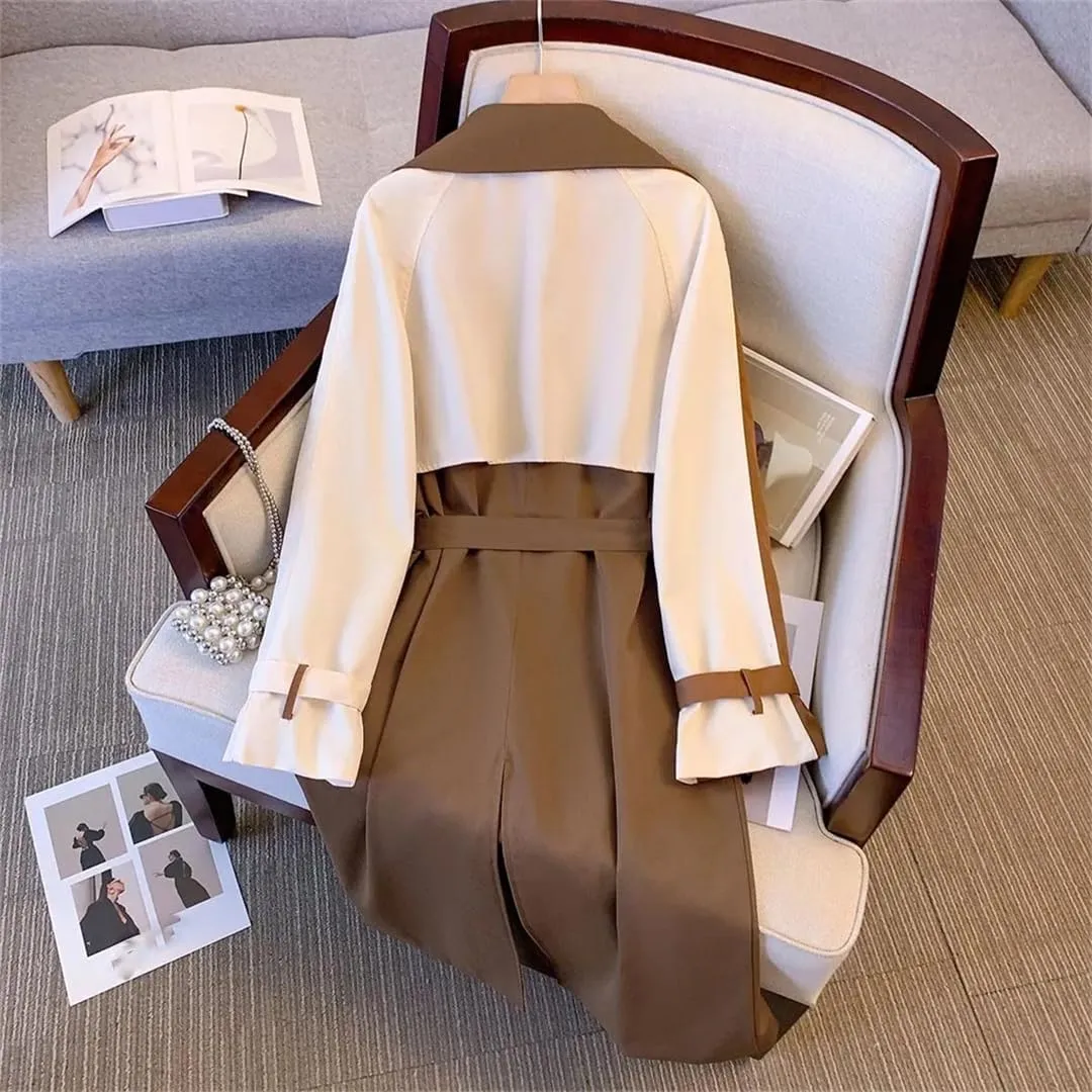 Hdhdeueh Women's Patchwork Trench Coat Slim Fit Lapel Long Sleeve Belted Pea Coat Casual Jacket