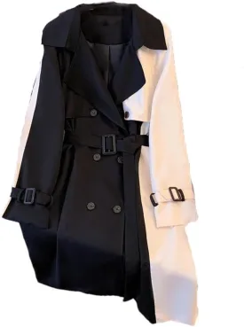 Hdhdeueh Women's Patchwork Trench Coat Slim Fit Lapel Long Sleeve Belted Pea Coat Casual Jacket