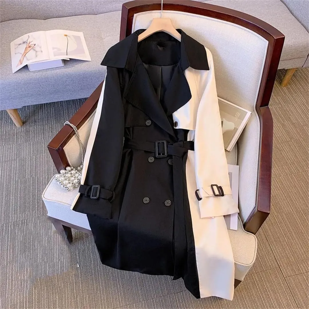 Hdhdeueh Women's Patchwork Trench Coat Slim Fit Lapel Long Sleeve Belted Pea Coat Casual Jacket
