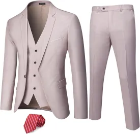 Hihawk Men's 3 Piece Suit with Stretch Fabric, Solid Slim Fit One Button Suit Blazer Set, Jacket Vest Pants with Tie.