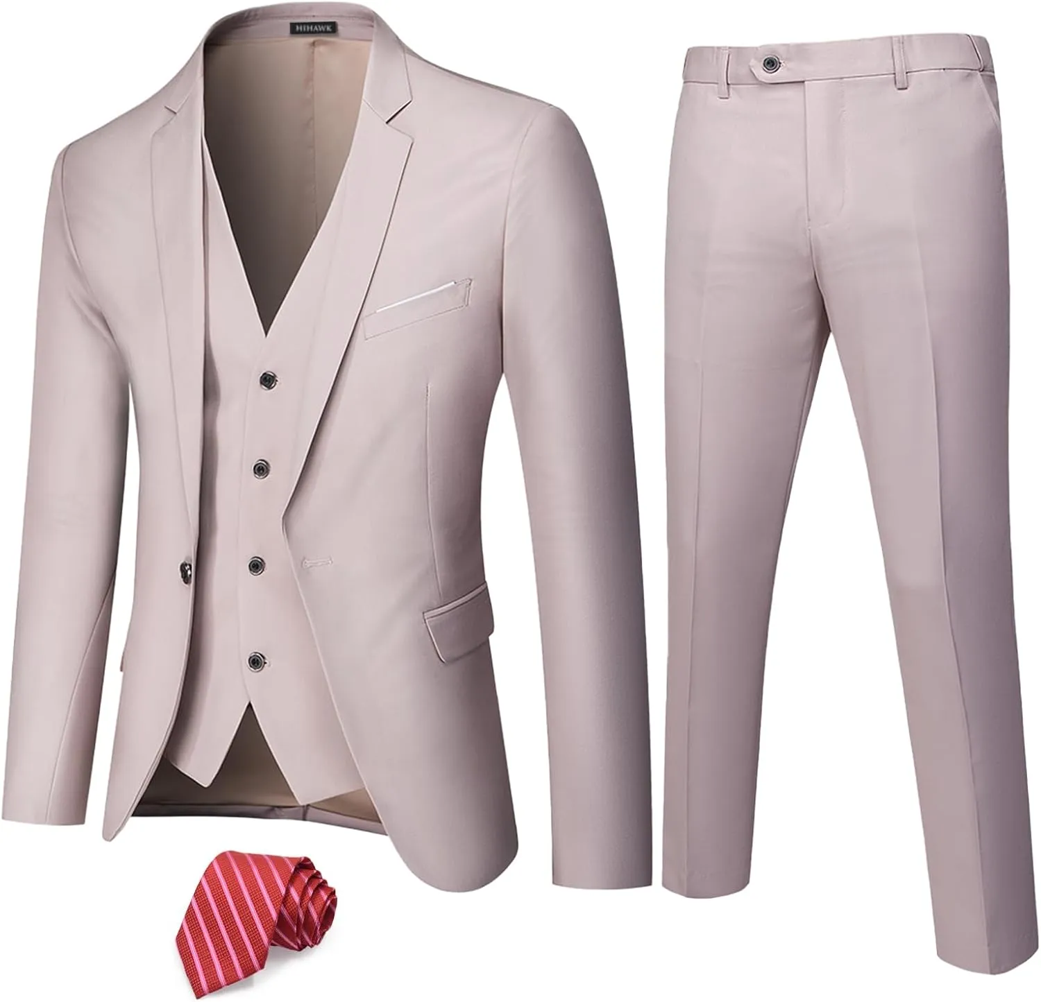 Hihawk Men's 3 Piece Suit with Stretch Fabric, Solid Slim Fit One Button Suit Blazer Set, Jacket Vest Pants with Tie.