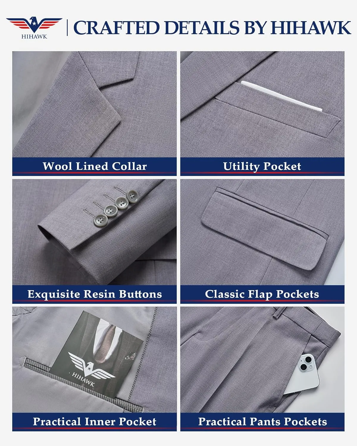 Hihawk Men's 3 Piece Suit with Stretch Fabric, Solid Slim Fit One Button Suit Blazer Set, Jacket Vest Pants with Tie.