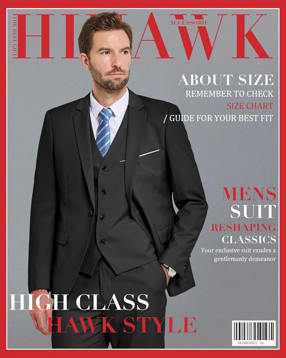 Hihawk Men's 3 Piece Suit with Stretch Fabric, Solid Slim Fit One Button Suit Blazer Set, Jacket Vest Pants with Tie.