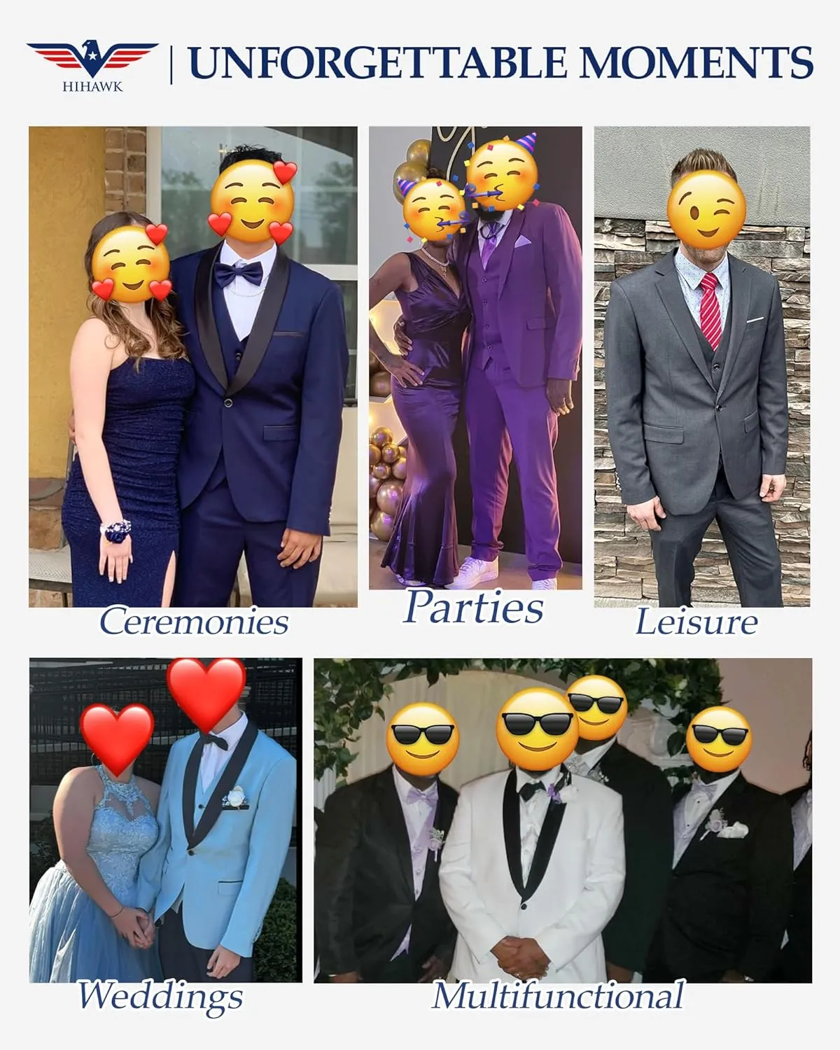 Hihawk Men's 3 Piece Suit with Stretch Fabric, Solid Slim Fit One Button Suit Blazer Set, Jacket Vest Pants with Tie.