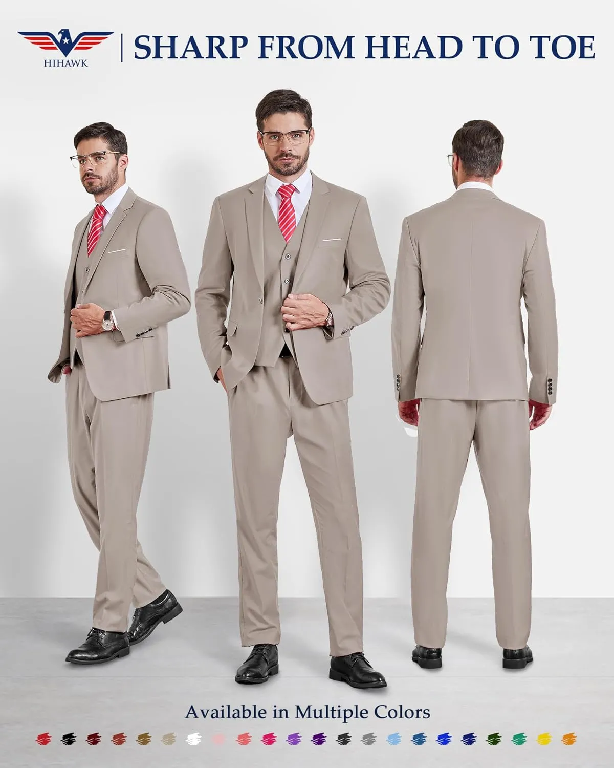 Hihawk Men's 3 Piece Suit with Stretch Fabric, Solid Slim Fit One Button Suit Blazer Set, Jacket Vest Pants with Tie.