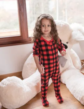 Kid's Fleece Red & Black Plaid Footed Pajamas
