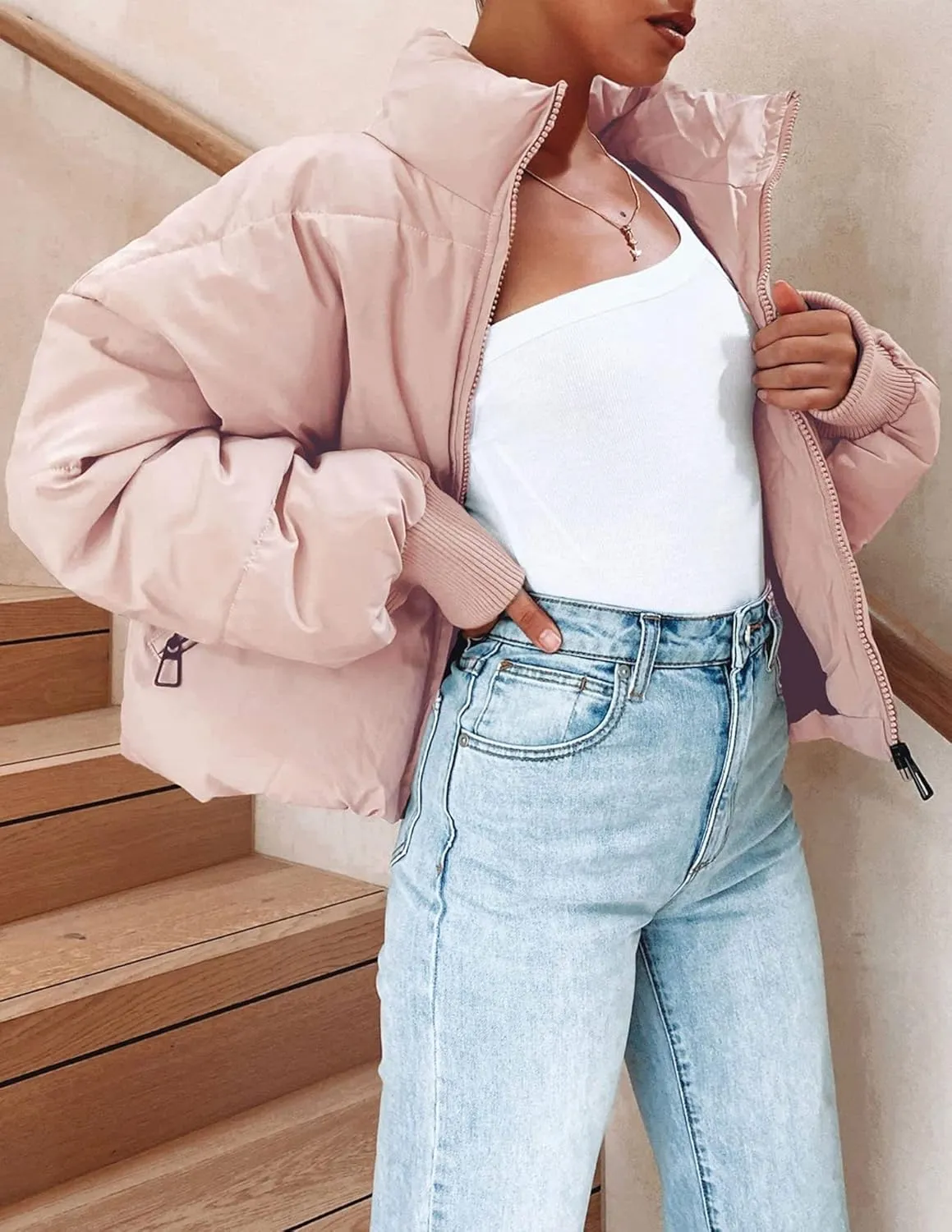 Kissonic Women's Cropped Puffer Jacket Full Zip Short Quilted Padded Down Coat