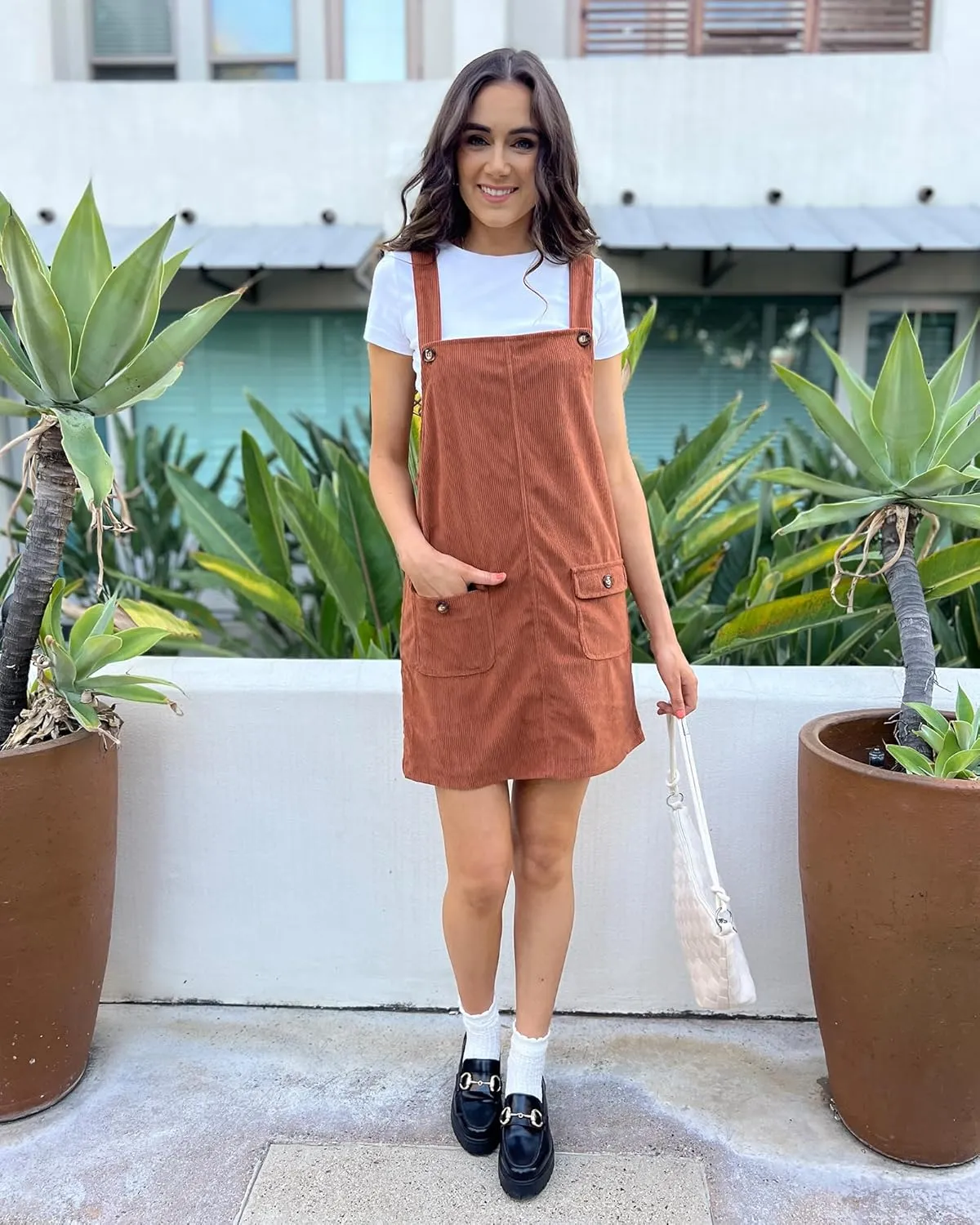 luvamia Corduroy Overall Dress for Women Adjustable Straps Casual Fashion Overalls Pinafore Short Dresses with Pockets