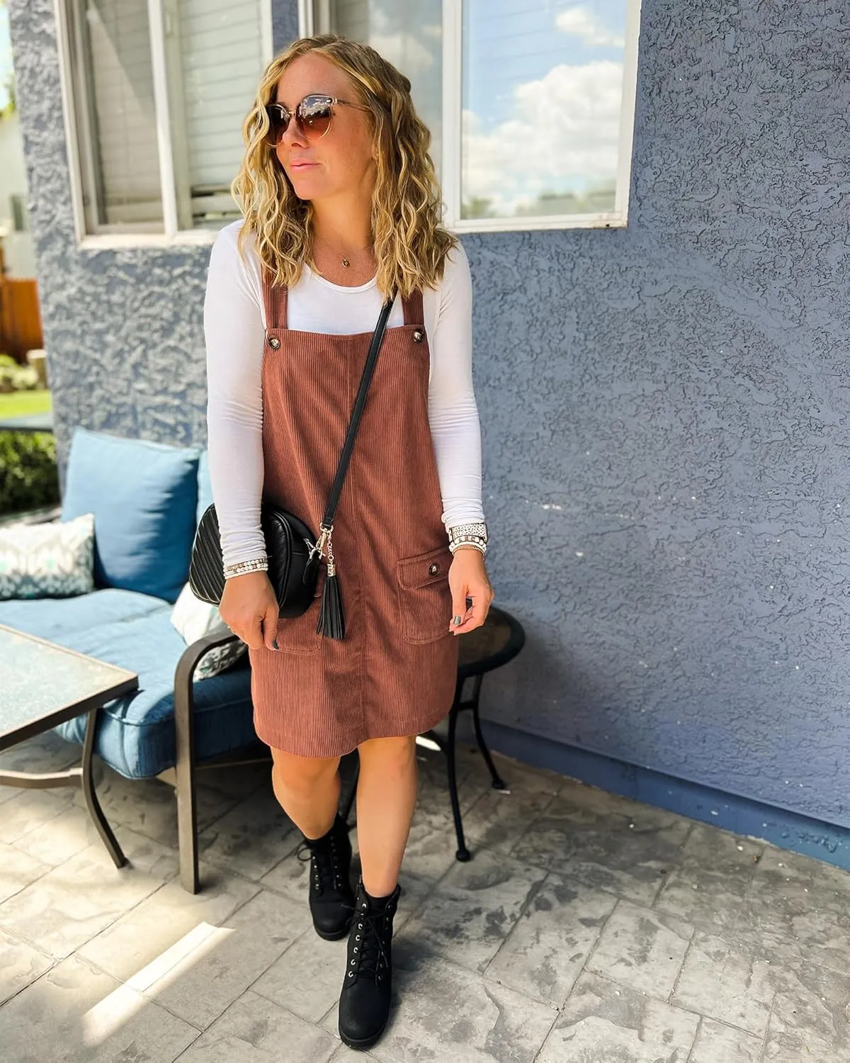 luvamia Corduroy Overall Dress for Women Adjustable Straps Casual Fashion Overalls Pinafore Short Dresses with Pockets